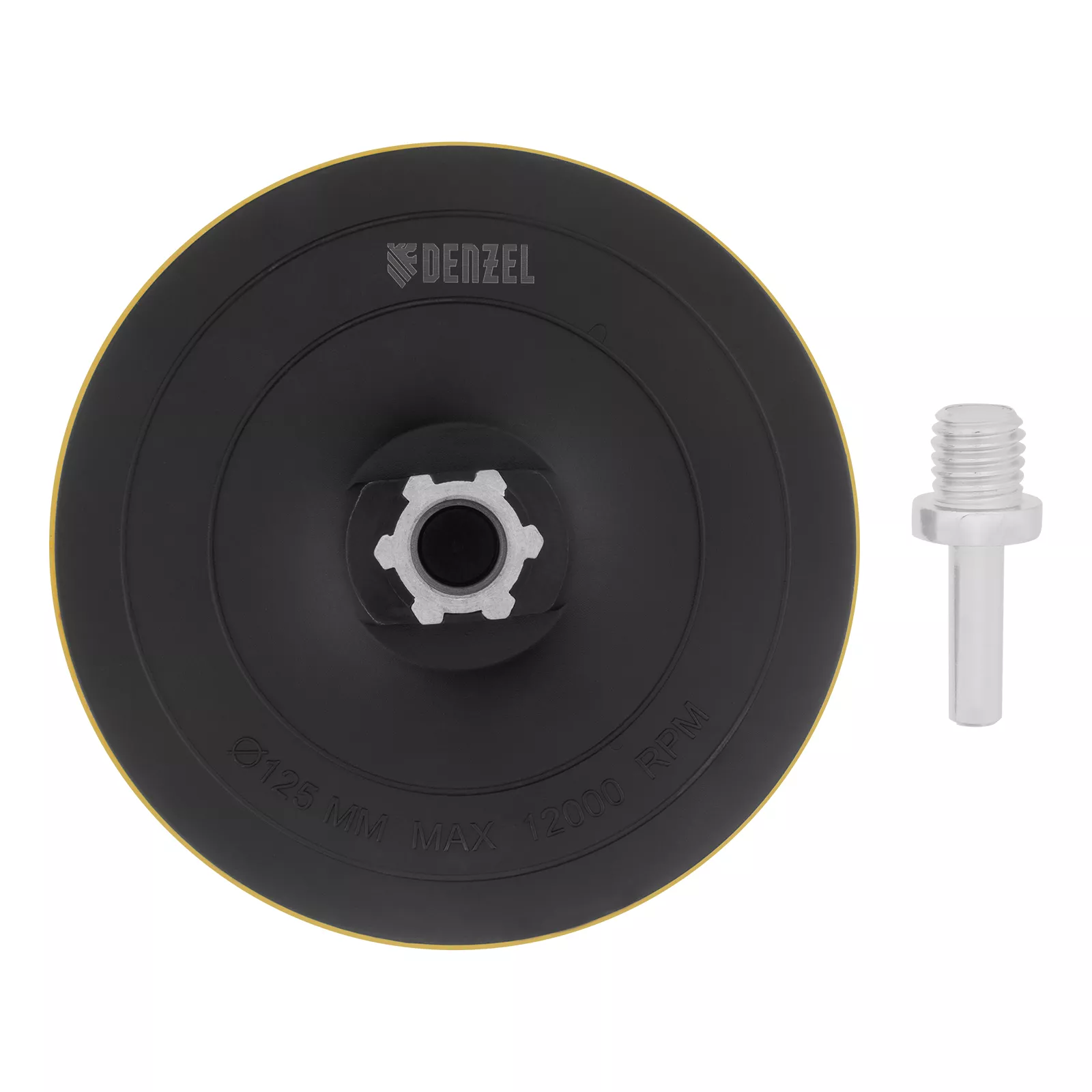 Тарелка опорная для дрели и УШМ с липучкой, 125 мм, твердая, с адаптером c М14 на d8 Denzel