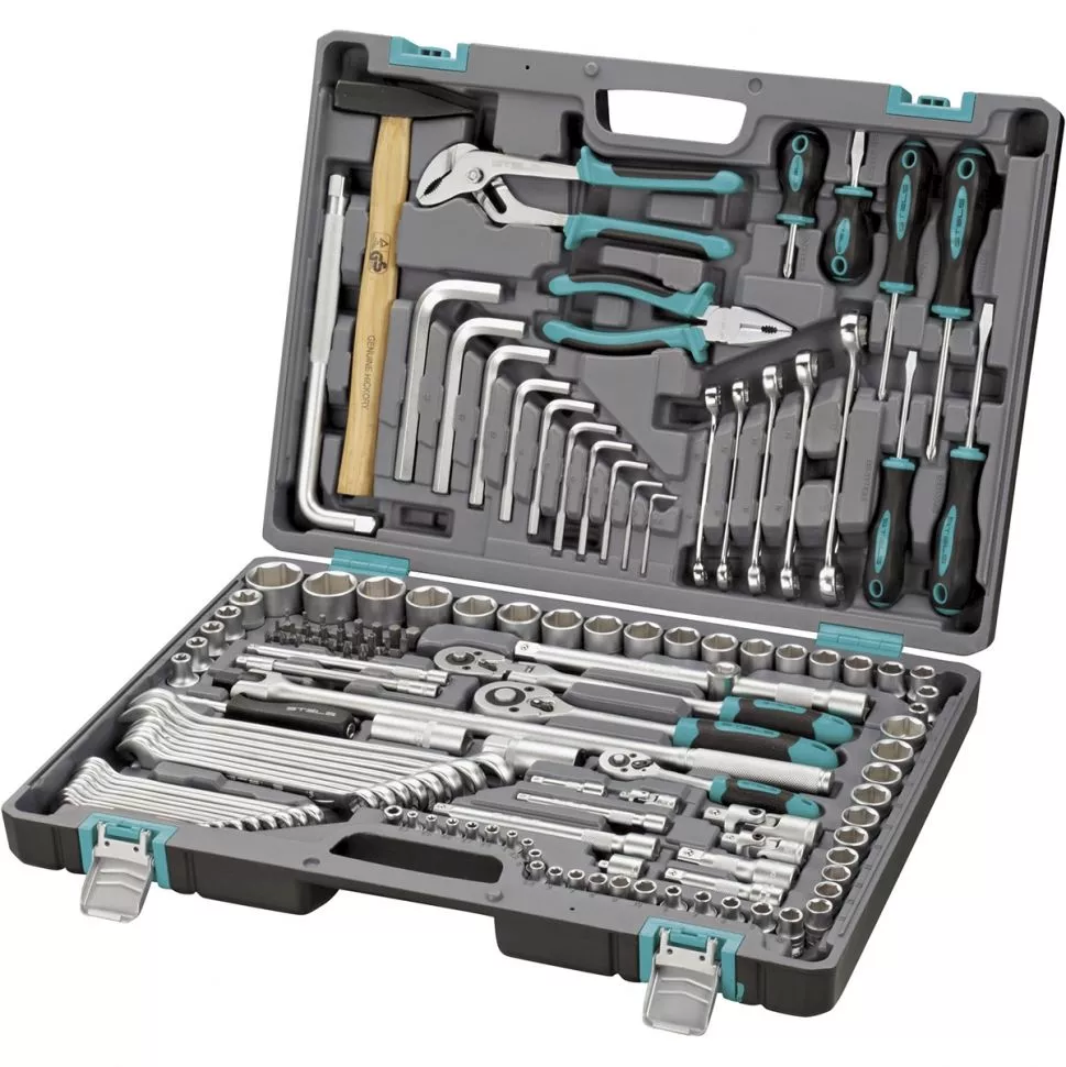 Набор инструментов, 1/2",3/8", 1/4", CrV, пластиковый кейс 142 предмета Stels