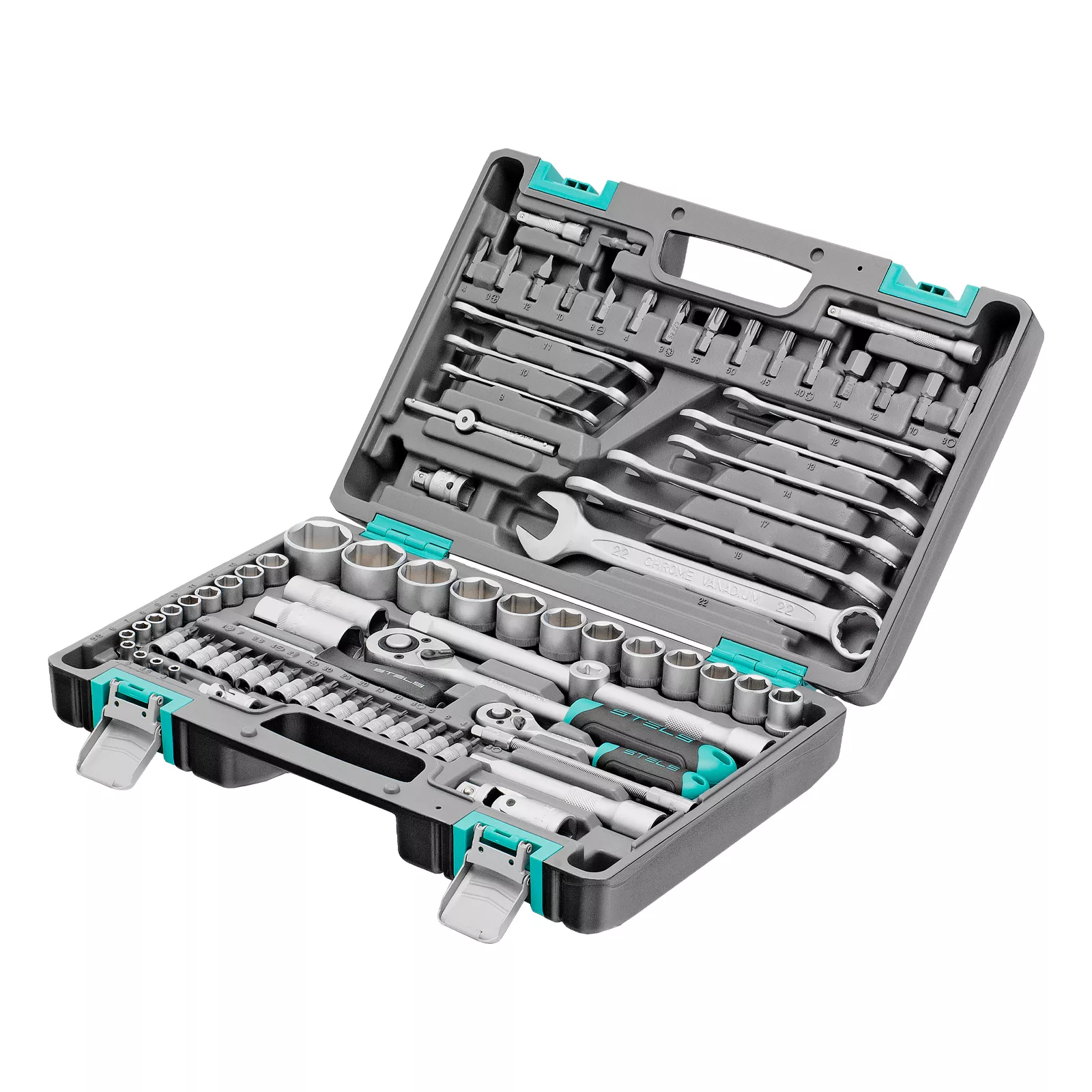 Набор инструментов, 1/2", 1/4", CrV, пластиковый кейс 82 предмета Stels