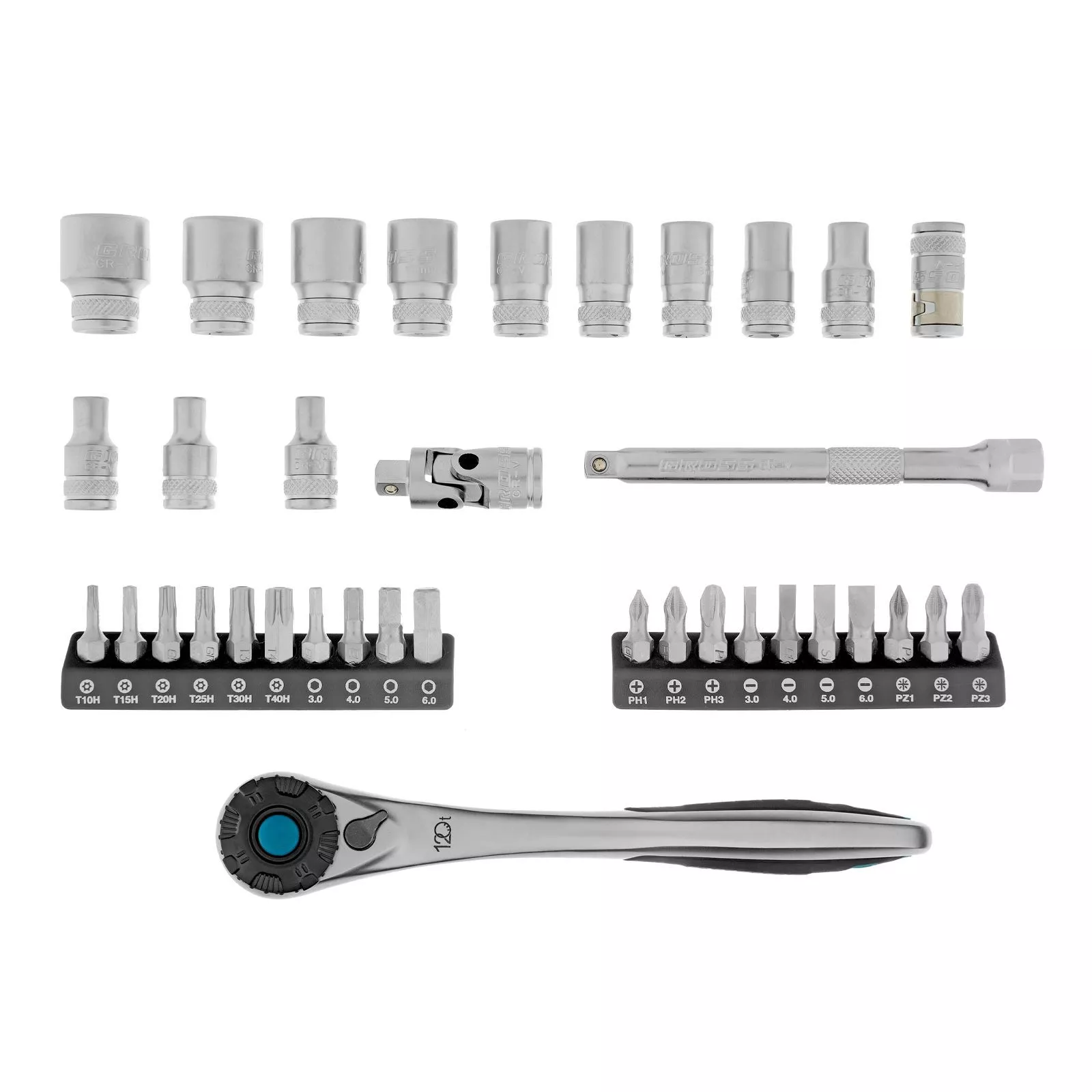 Набор торцевых головок, трещотка 120 зубьев, 1/4", CrV, 36 предметов Gross