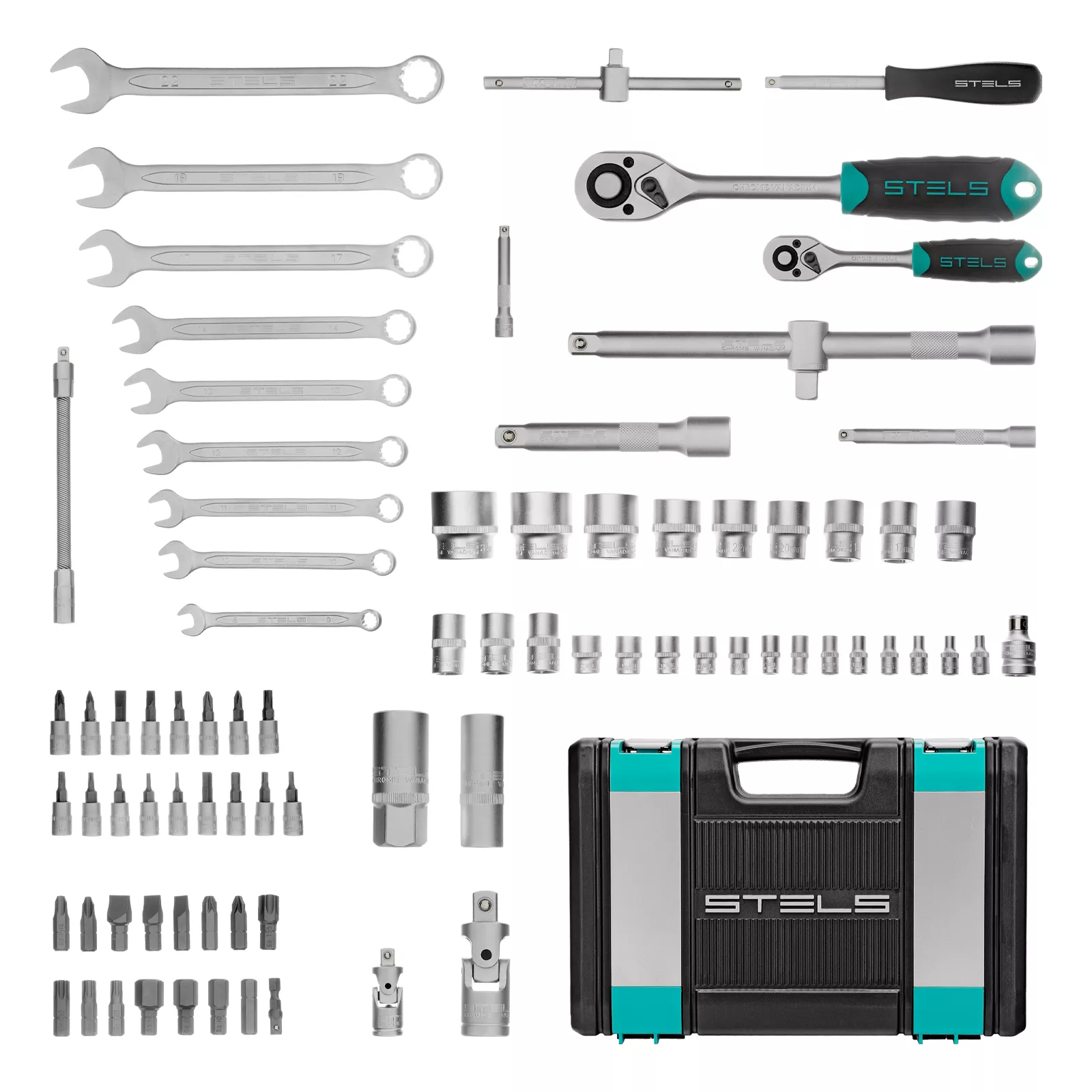 Набор инструментов, 1/2", 1/4", CrV, пластиковый кейс 82 предмета Stels