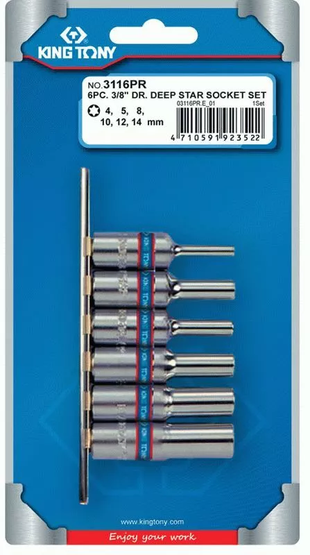 Набор глубоких торцевых головок 3/8", TORX Е-стандарт, E4-E14, 6 предметов KING TONY 3116PR