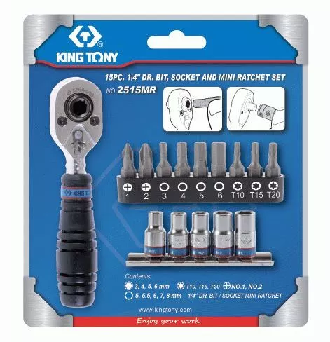 Набор вставок (бит) и головок с трещоткой 1/4", Torx, Hex, PH, 15 предметов KING TONY 2515MR