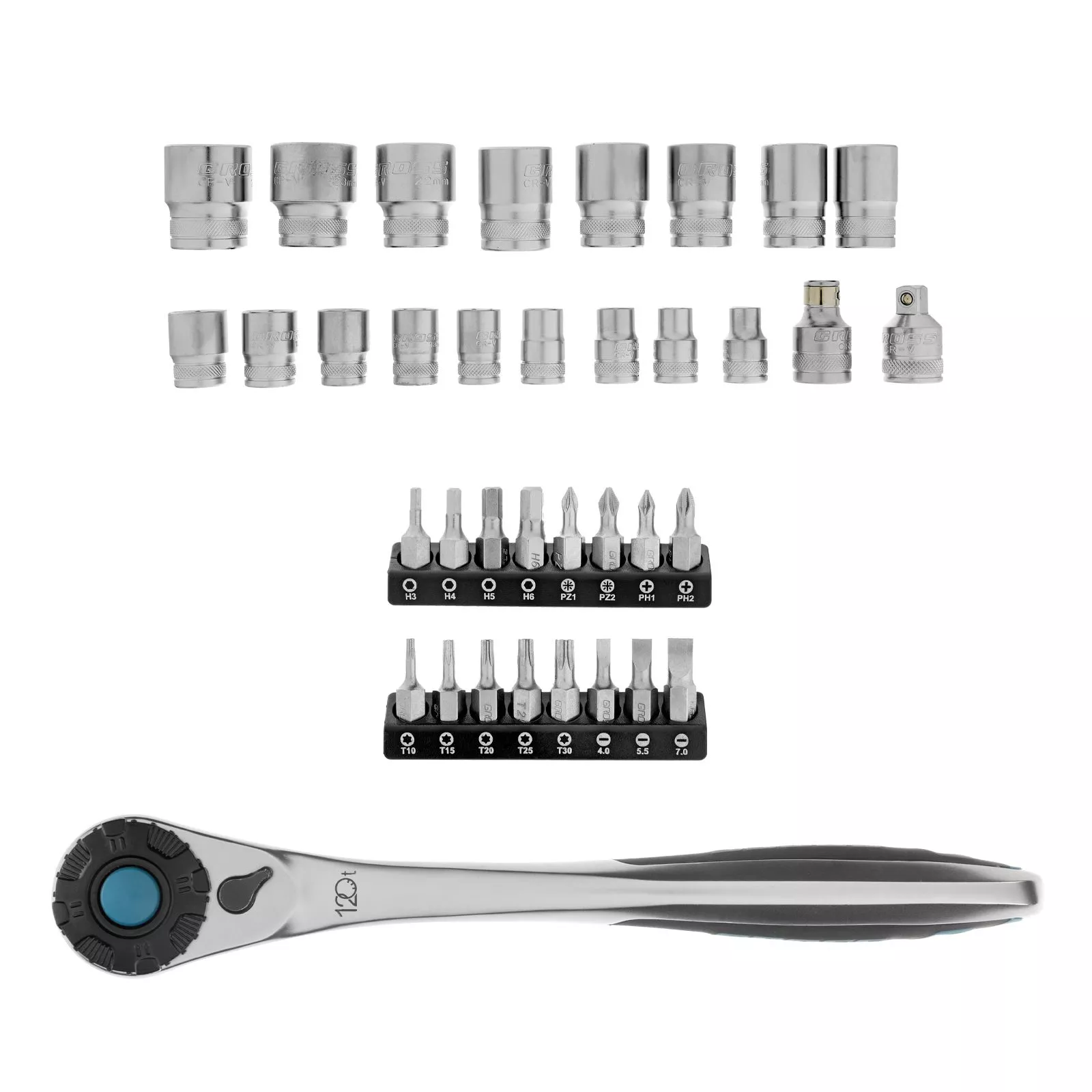 Набор торцевых головок, трещотка 120 зубьев, 1/2", CrV, 36 предметов Gross