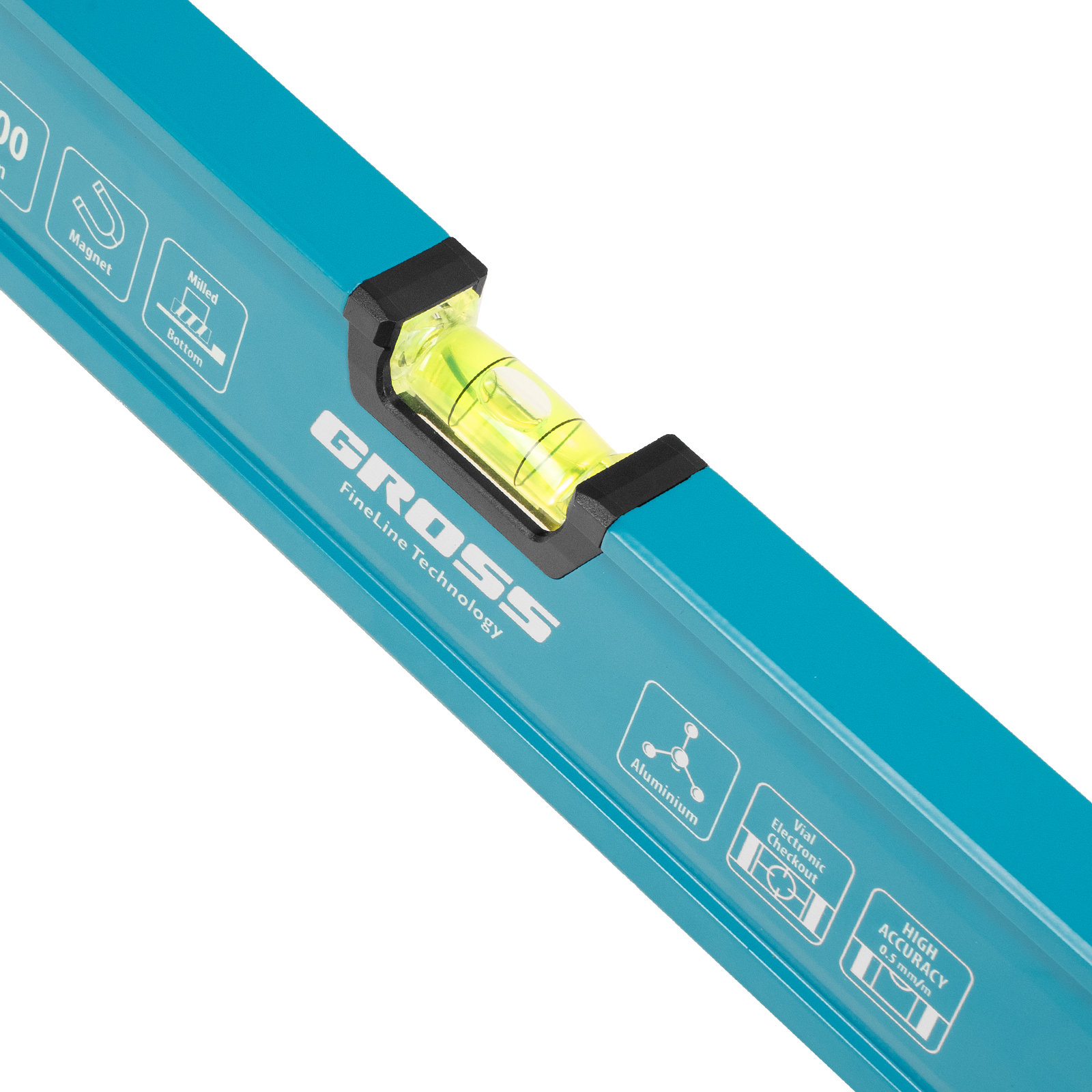 Уровень алюминиевый, магнит., фрезерованный, 3 глазка, 0,5 мм/м, 800 мм Gross