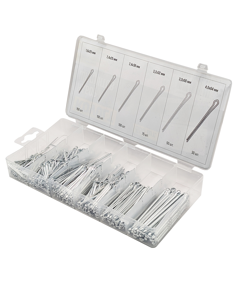 Набор шплинтов, S головки х L, 555 шт, KOVOLT