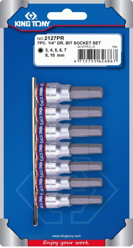 Набор торцевых насадок 1/4", Hex, 3-10 мм, L = 37 мм, 7 предметов KING TONY 2127PR