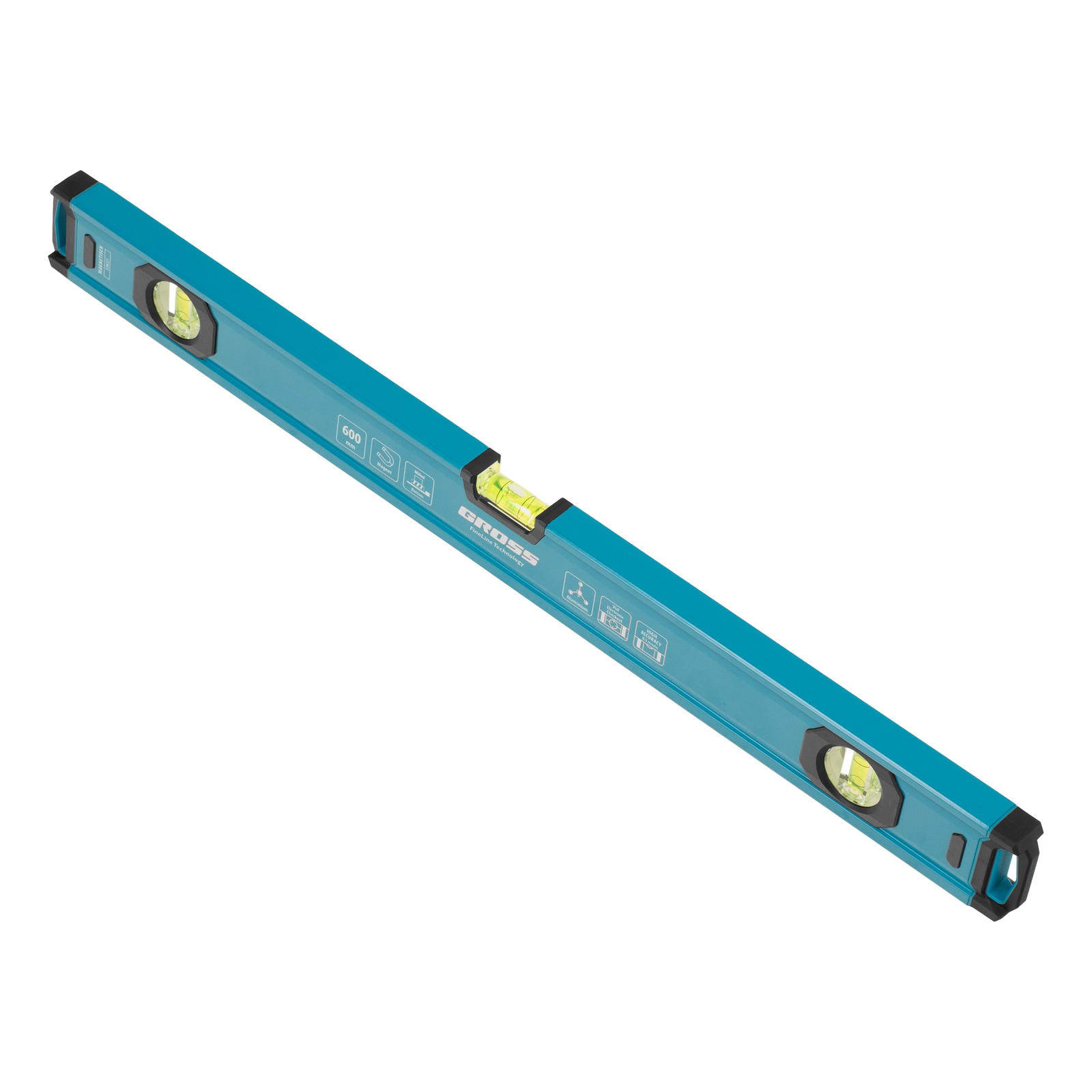 Уровень алюминиевый, магнит., фрезерованный, 3 глазка, 0,5 мм/м, 600 мм Gross