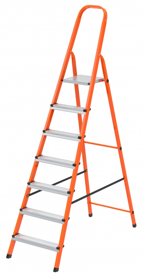 Стремянка, 7 ступеней, стальной профиль, ступени сталь, оранжевая, Россия, Сибртех