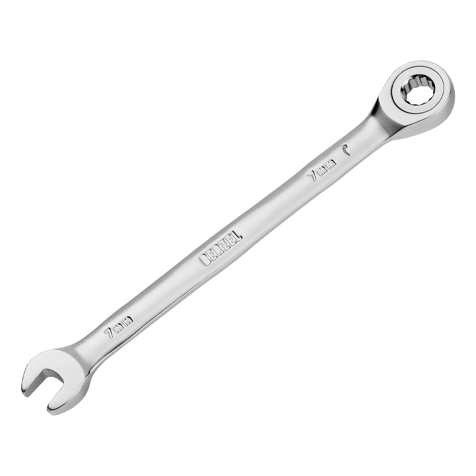 Ключ комбинированный трещоточный, 7 мм, CrV, матовый хром Denzel