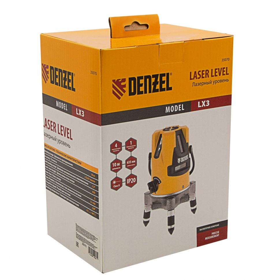 Лазерный уровень LX3, 10 м, ± 0,3 мм/1 м, 635 нм, 4 вертикальных, 1 горизонтальная плоскости, резьба 5/8" Denzel