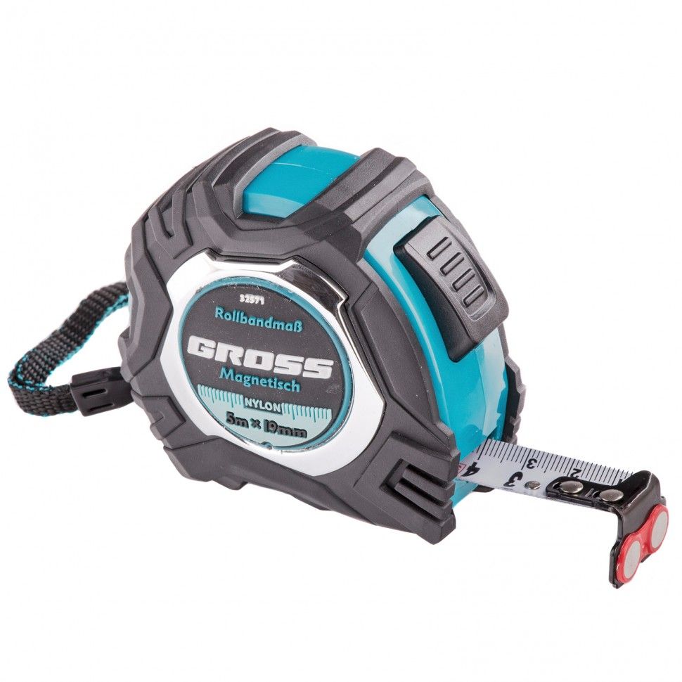 Рулетка Magnetisch 5 м х 19 мм,обрезиненный корпус,автоматическая фиксация,Нейлоновое покрытиеытие,зацеп с магнитом Gross