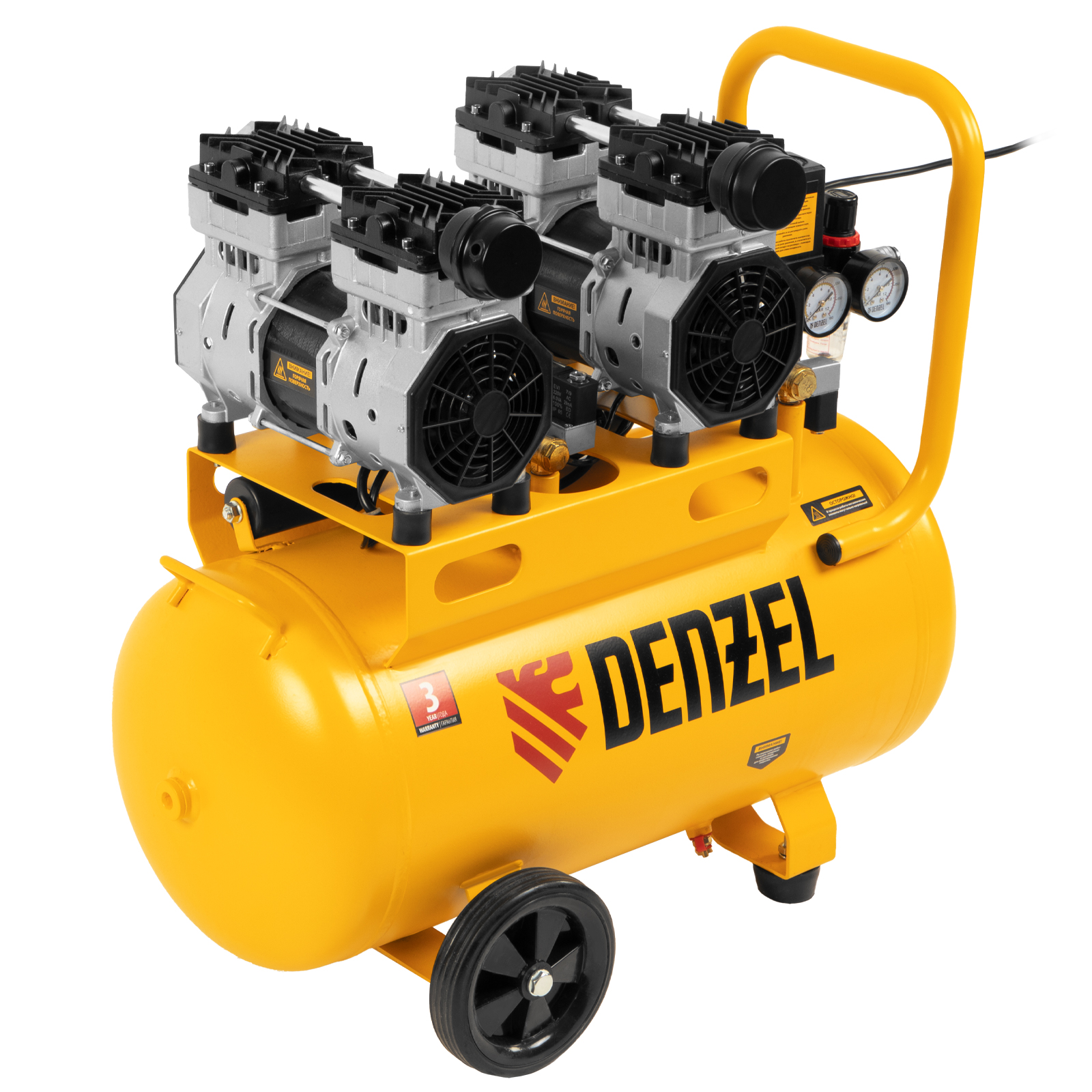 Компрессор безмасляный, малошумный DLS 1500/50, 1500 ВТ, 2x750, 50 л, 260 л/мин Denzel