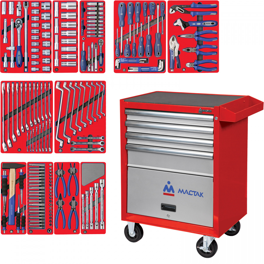 Набор инструментов "МАСТЕР" в красной тележке, 205 предметов МАСТАК 52-04205R