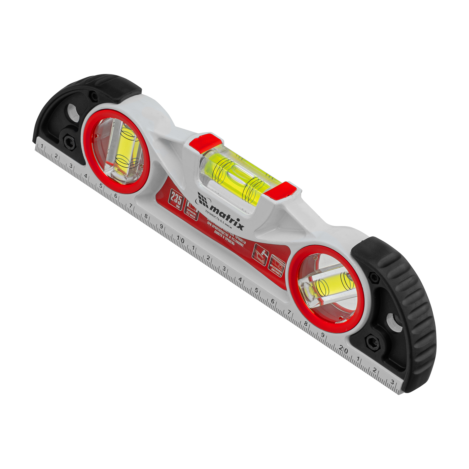 Уровень алюминиевый литой, фрезерованный, 3 глазка, две ударные площадки, 235 мм Matrix