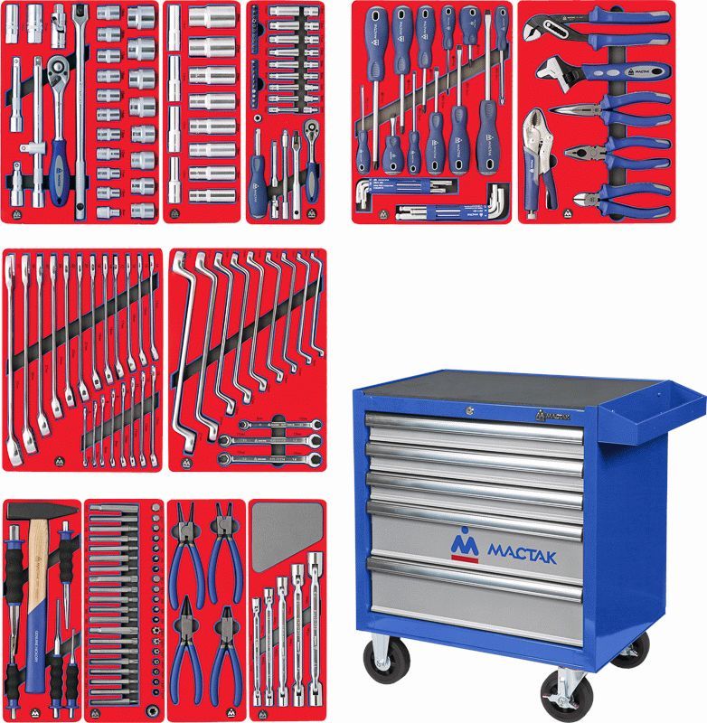 Набор инструментов ''МАСТЕР'' в синей тележке, 205 предметов МАСТАК 52-205B