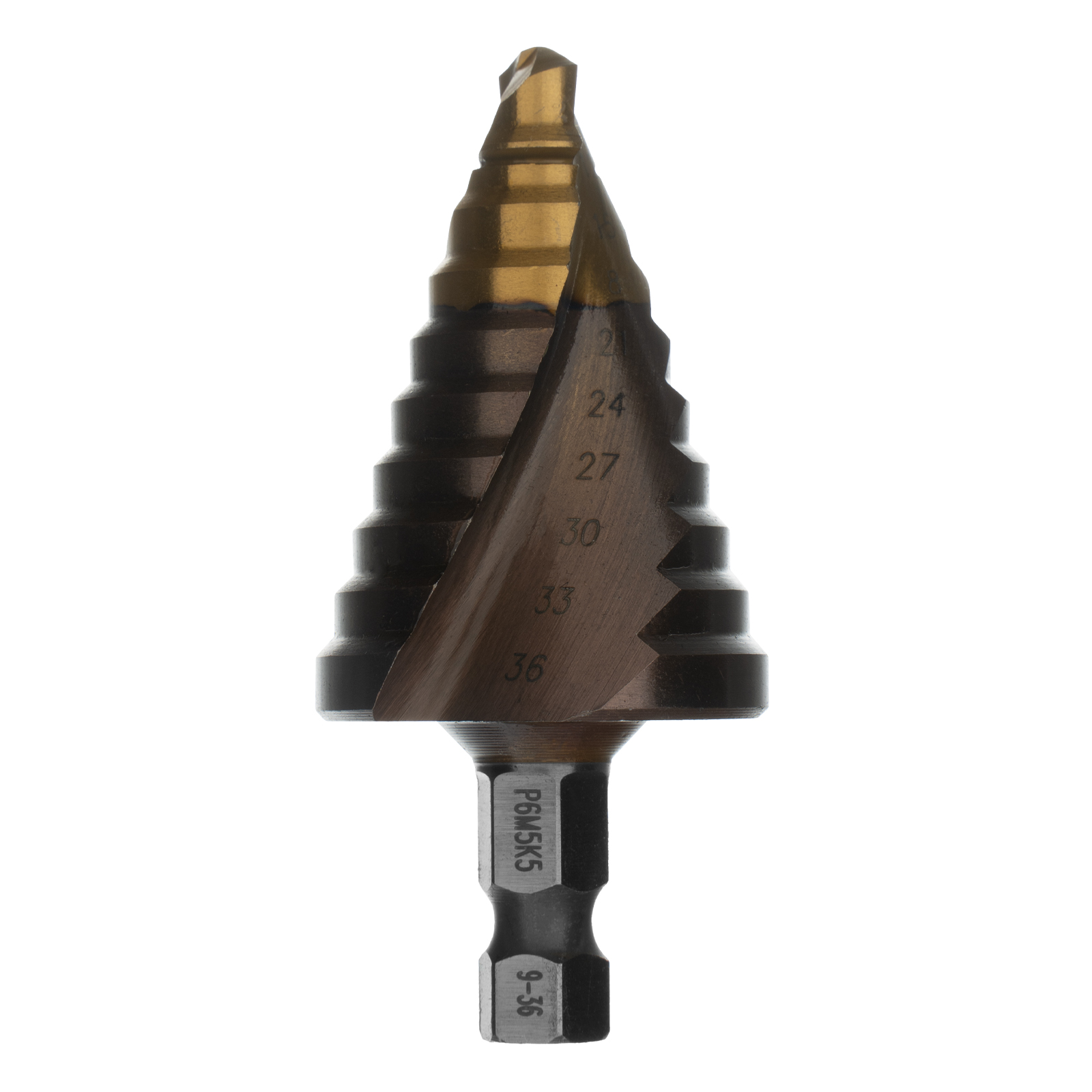 Сверло ступенчатое, 9-12-15-18-21-24-27-30-33-36 мм, Р6М5К5, 6-гр. хвостовик Denzel