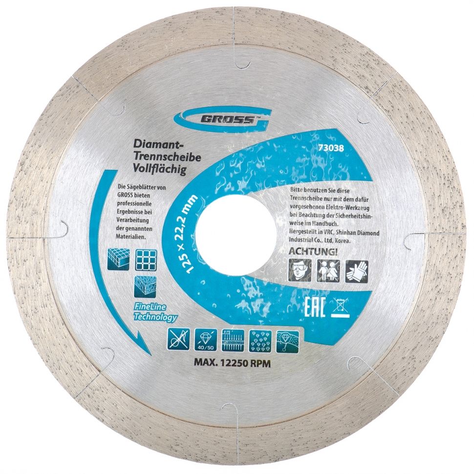 Диск алмазный, 180 х 22.2 мм, сплошной c лазерной перфорацией, мокрая резка Gross