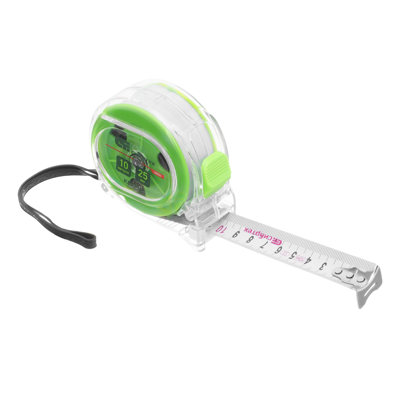 Рулетка Кварц,прозрачный корпус,амортизатор,10 м х 25 мм Сибртех