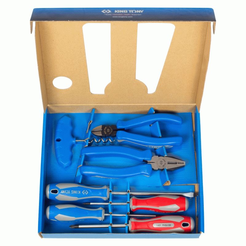 Набор пассатижей, бокорезов и отверток, 6 предметов, в комплекте штопор для бутылок KING TONY P90006MR01