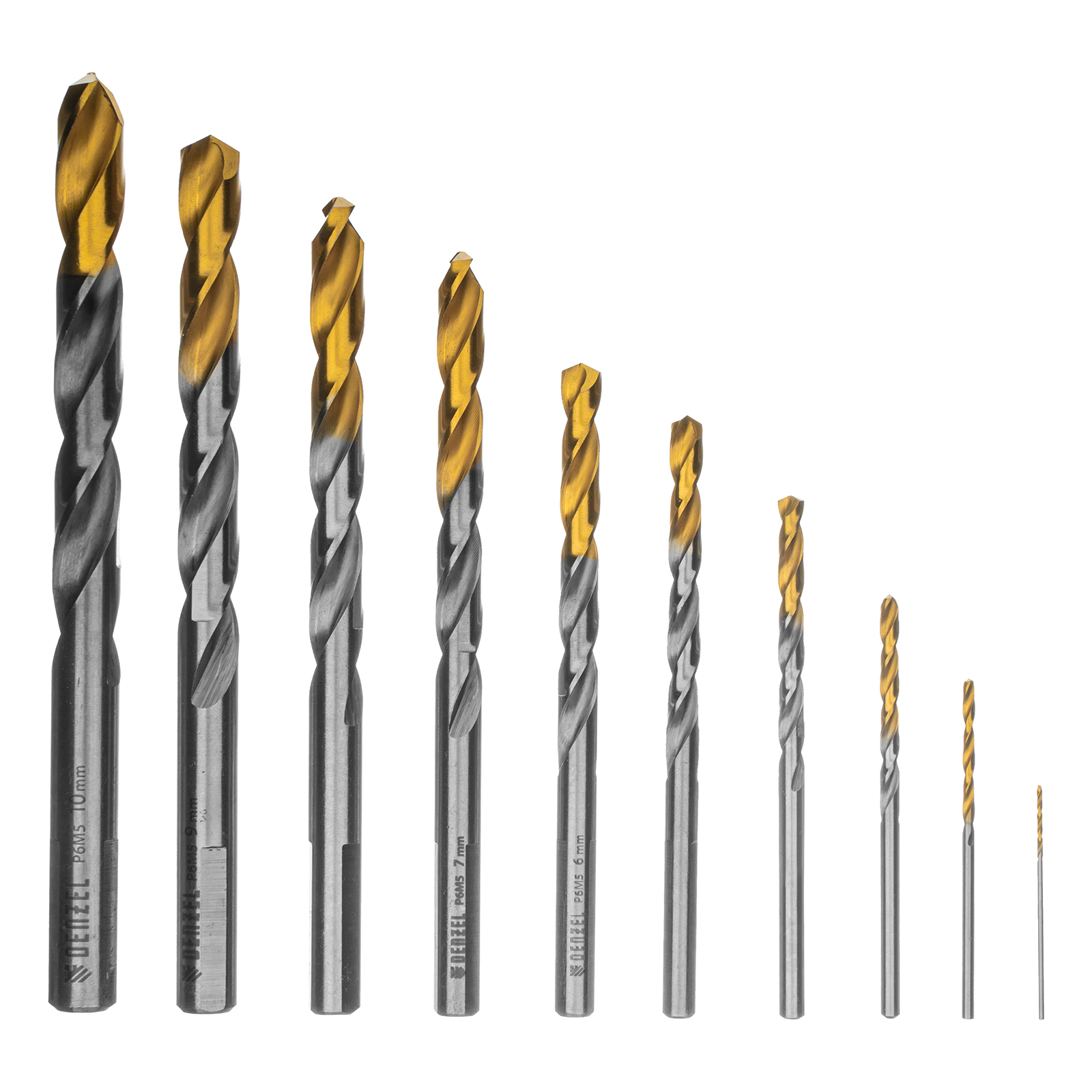 Набор сверл по металлу, 1-10 мм, Р6М5-TiN, Golden Tip, 10 шт Denzel