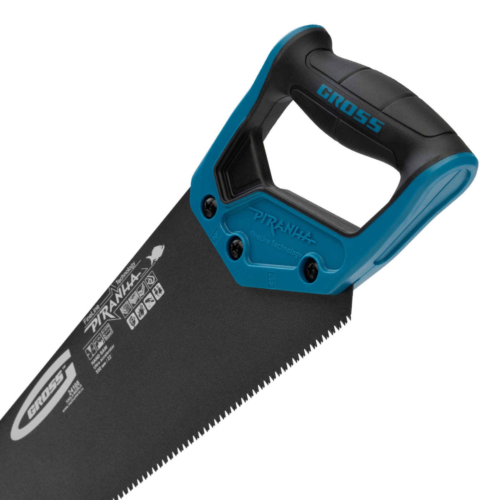 Ножовка по дереву "Piranha", 550 мм, 11-12 TPI, зуб-3D, каленый зуб, тефлоновое покрытие полотна, двухкомпонентная рукоятка Gross