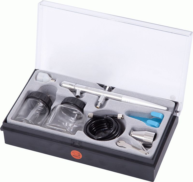 Аэрограф, сопло 0,3 мм, верхний бачок, комплект принадлежностей, 8 предметов МАСТАК 678-108