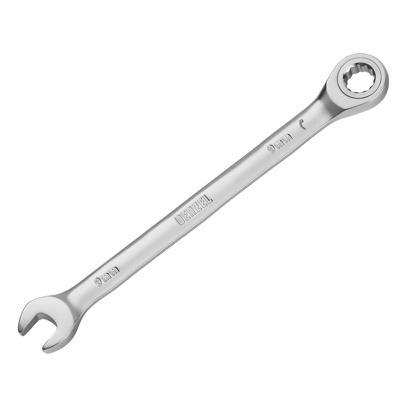 Ключ комбинированный трещоточный, 9 мм, CrV, матовый хром Denzel