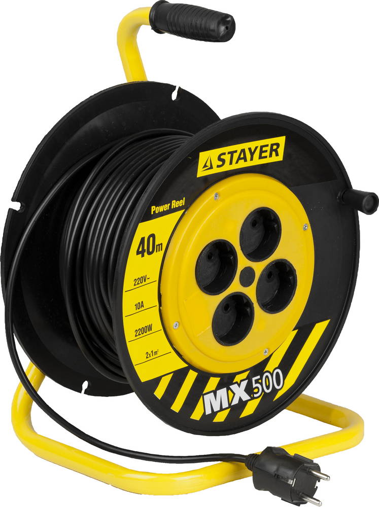 Удлинитель на катушке MX500, 40 м, 4 гнезда, ПВС 2x1 кв мм, 2200 Вт, STAYER