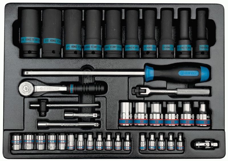 Набор ударных головок 1/2" и торцевых головок 1/4" с принадлежностями, ложемент, 40 предметов KING TONY 9-7540MR