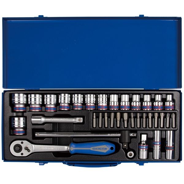 Набор торцевых головок с принадлежностями 1/2", двенадцатигранные, 10-32 мм, 35 предметов, в комплекте машинка KING TONY P4035MR01