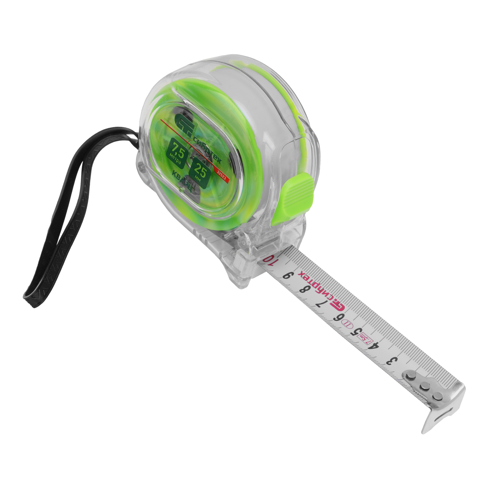 Рулетка Кварц,прозрачный корпус,амортизатор,7,5 м х 25 мм Сибртех