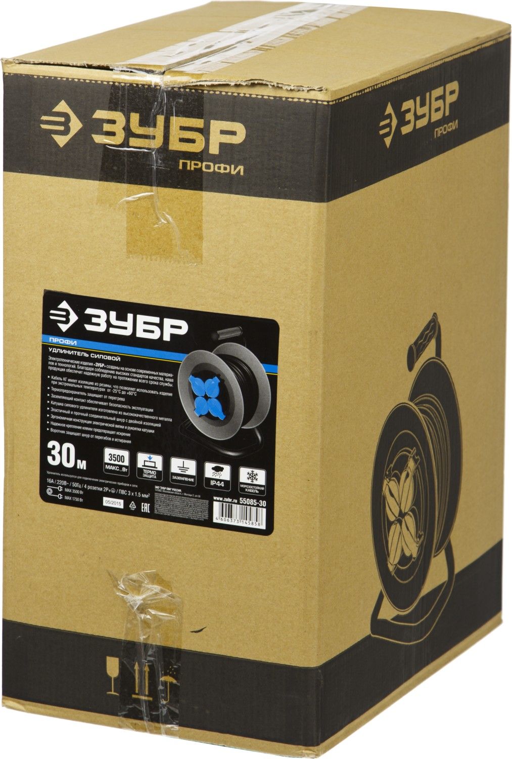 Удлинитель на катушке, 30 м, 3500 Вт, 4 гнезда, IP44, КГ 3x1,5 мм2, ЗУБР  Профессионал