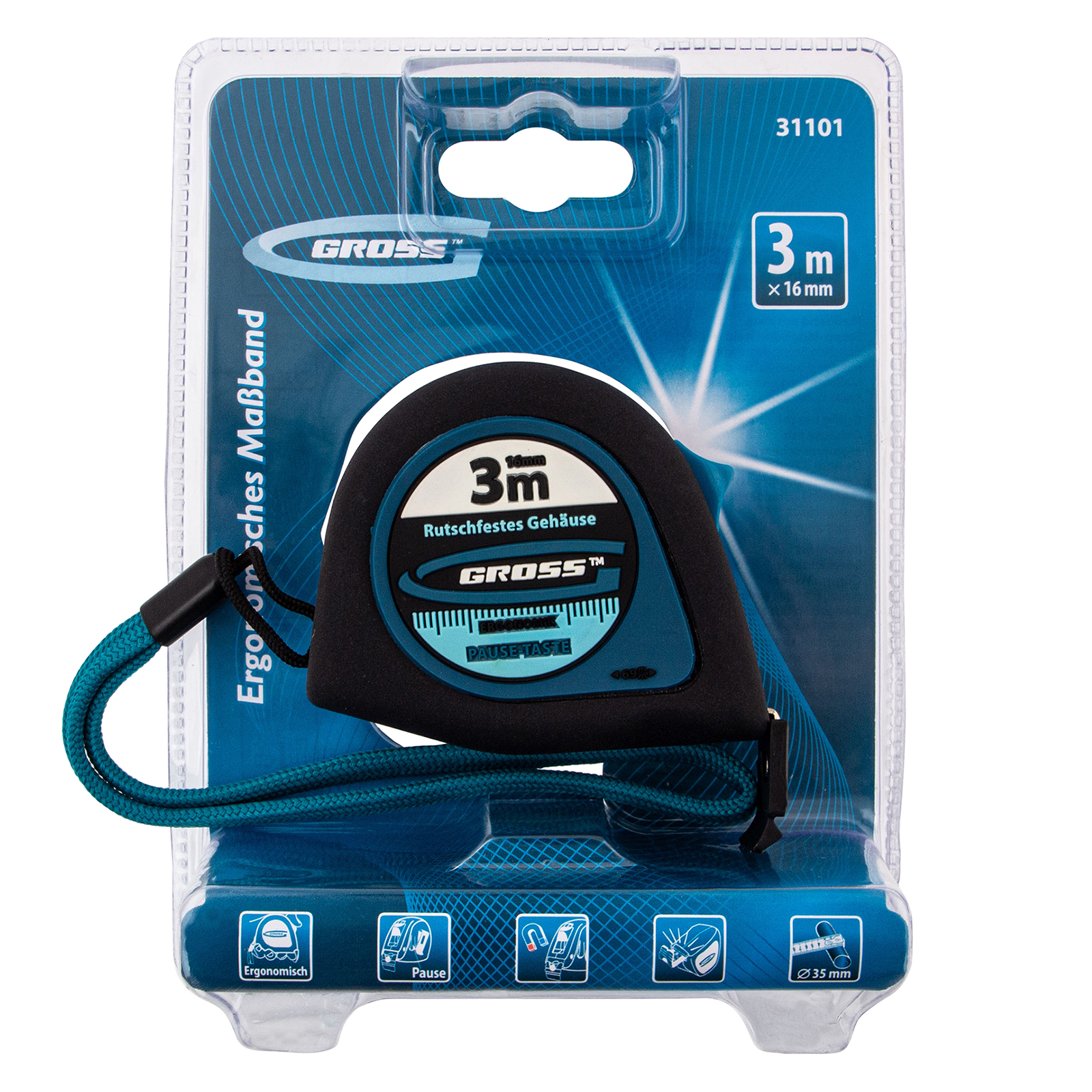 Рулетка "Ergonomisch",3 м x 16 мм,магнитный обрезиненный зацеп Gross