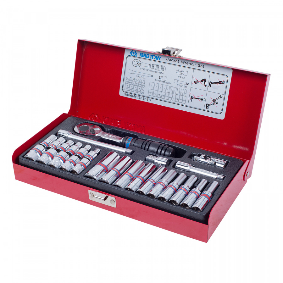 Набор торцевых головок с принадлежностями 1/4", шестигранные, 5/32"-1/2", 26 предметов KING TONY 2526SR