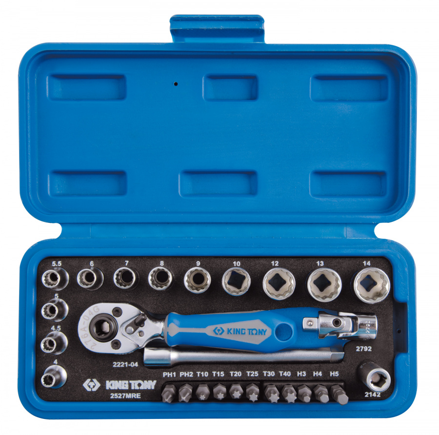 Набор торцевых головок с принадлежностями 1/4", двенадцатигранные, 4-14 мм, 27 предметов KING TONY 2027MRE