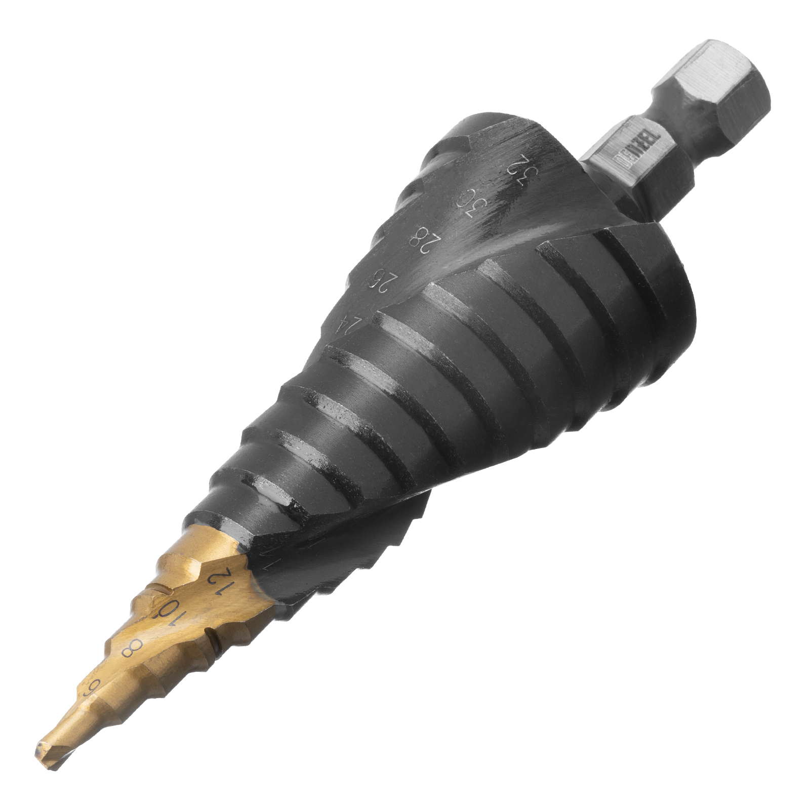 Сверло ступенчатое, 4-6-8-10-12-14-16-18-20-22-24-26-28-30-32 мм, Р6М5, 6-гр. хвостовик Denzel