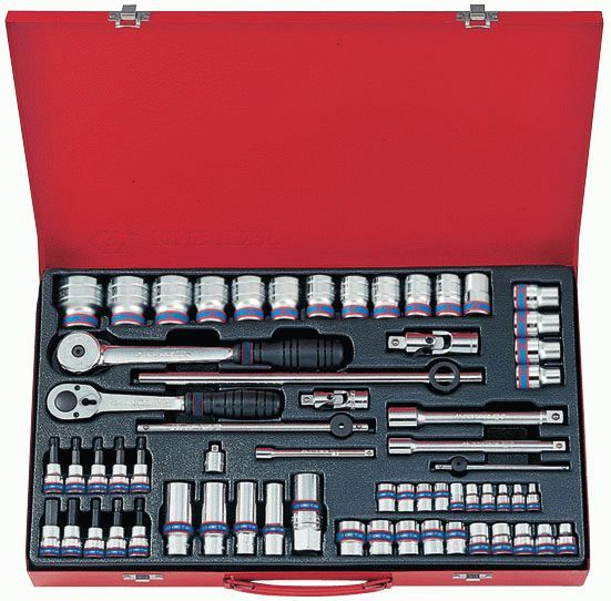 Набор торцевых головок с принадлежностями 1/4", 3/8", 1/2", двенадцатигранные, 4-32 мм, 62 предмета KING TONY 9063MR01