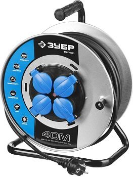 Удлинитель на катушке, 40 м, 3500 Вт, 4 гнезда, IP44, КГ 3x1,5 мм2, ЗУБР  Профессионал